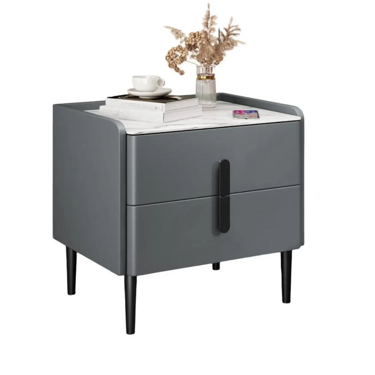 Modern Gray Nightstand with Marble Top and Storage Drawers Image - 2