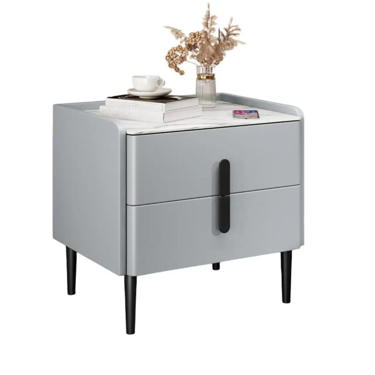 Modern Gray Nightstand with Marble Top and Storage Drawers Image - 3