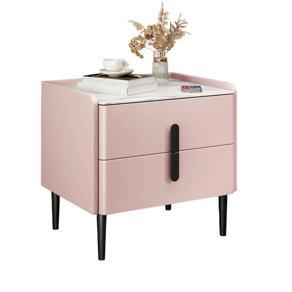 Modern Gray Nightstand with Marble Top and Storage Drawers Image - 5