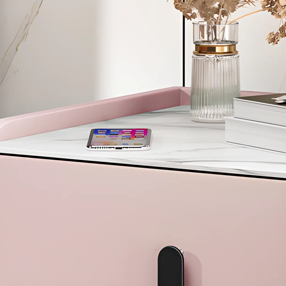 Modern Gray Nightstand with Marble Top and Storage Drawers Image - 6