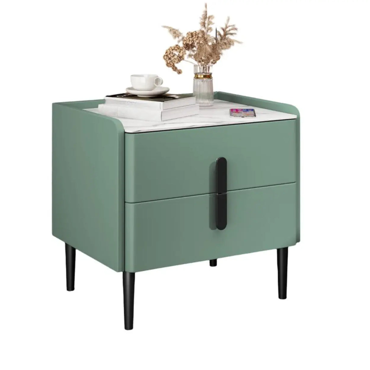 Modern Gray Nightstand with Marble Top and Storage Drawers Image - 7