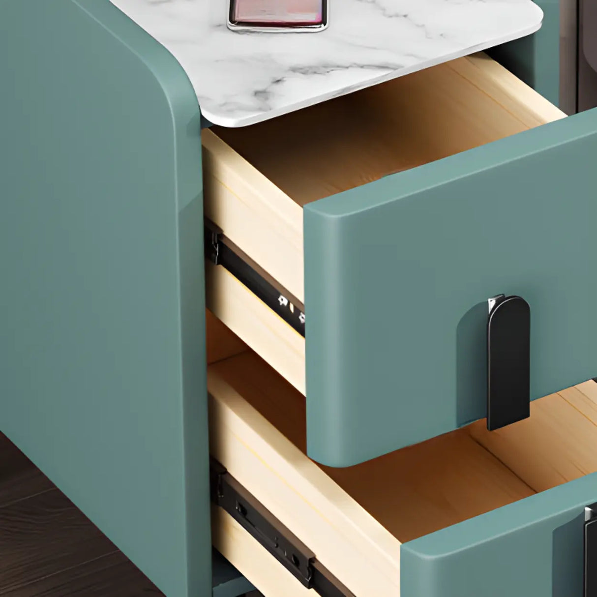 Modern Gray Nightstand with Marble Top and Storage Drawers Image - 8