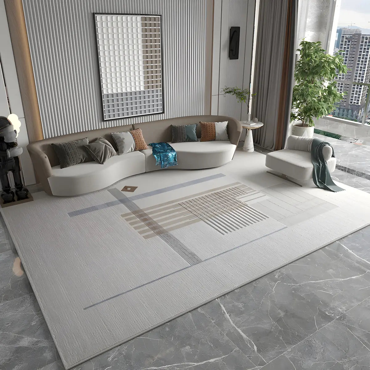 Modern Gray Rectangle Geometric Polyester Area Rug Image - 1