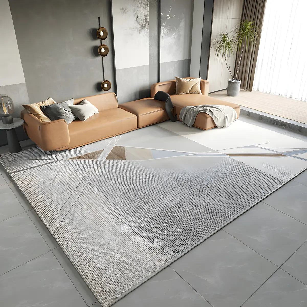 Modern Gray Rectangle Geometric Polyester Area Rug Image - 11