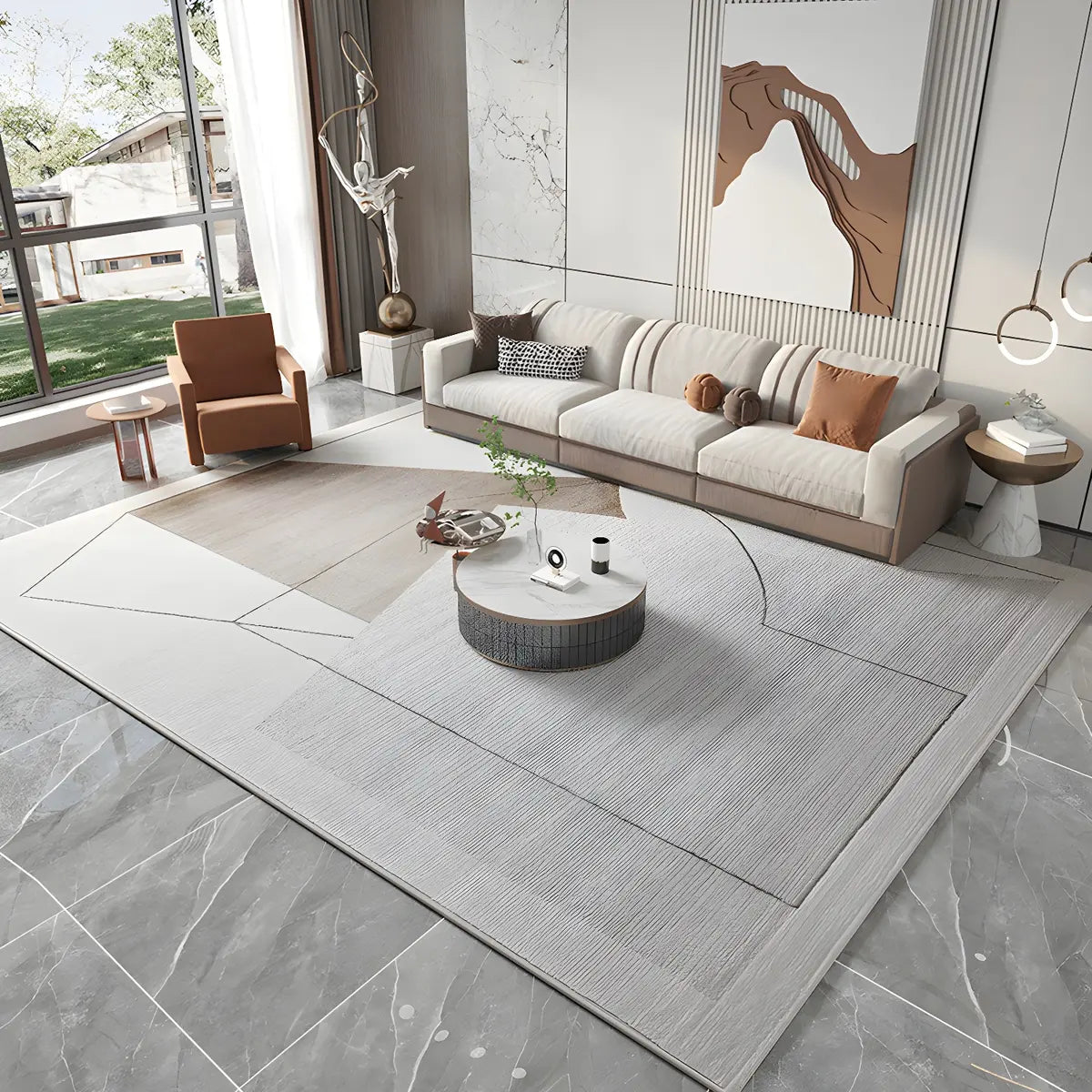 Modern Gray Rectangle Geometric Polyester Area Rug Image - 2