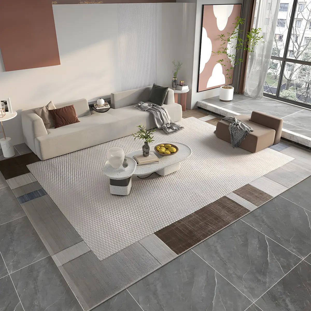 Modern Gray Rectangle Geometric Polyester Area Rug Image - 3