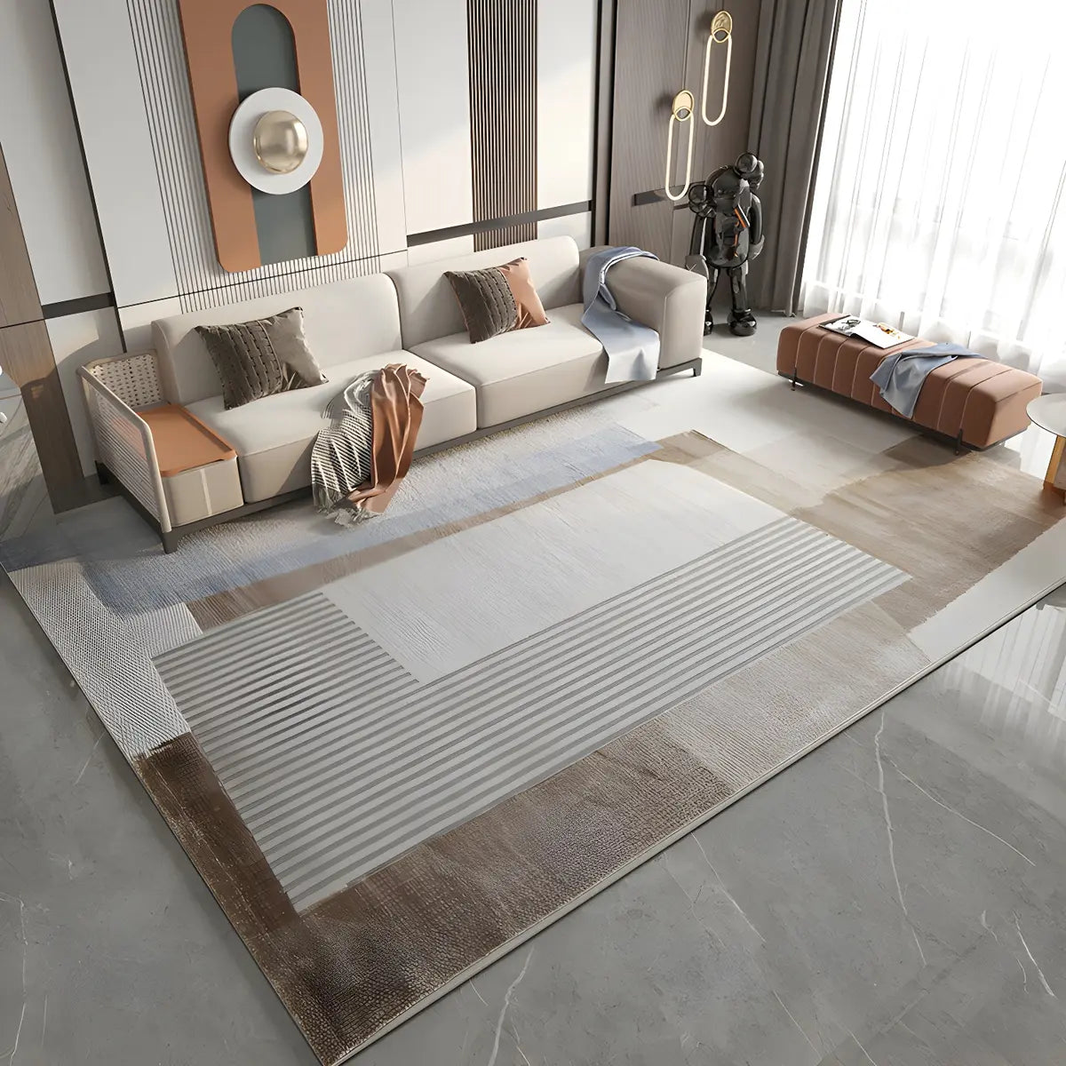 Modern Gray Rectangle Geometric Polyester Area Rug Image - 9