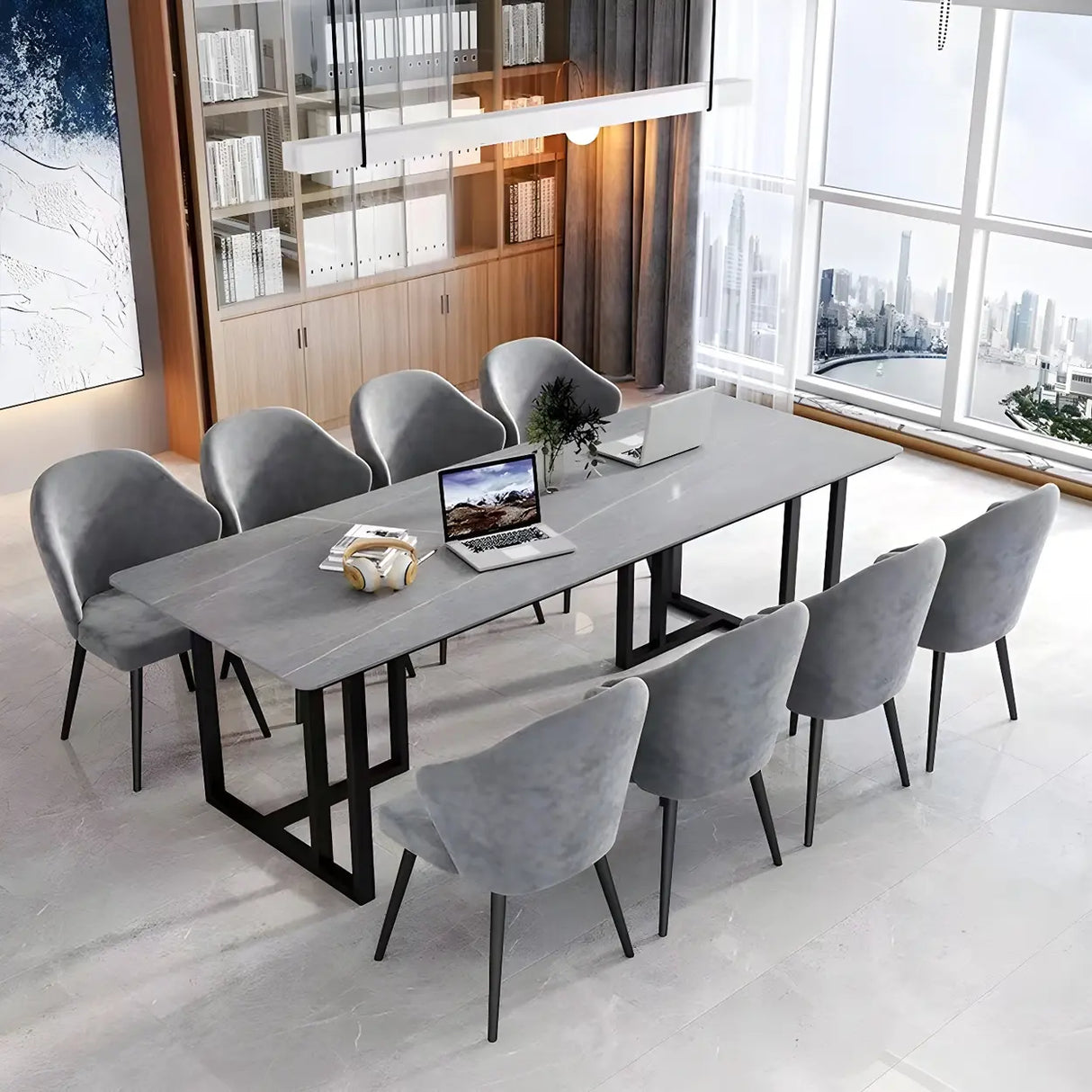 Modern Gray Stone Rectangle Sled 8 People Writing Desk Image - 1