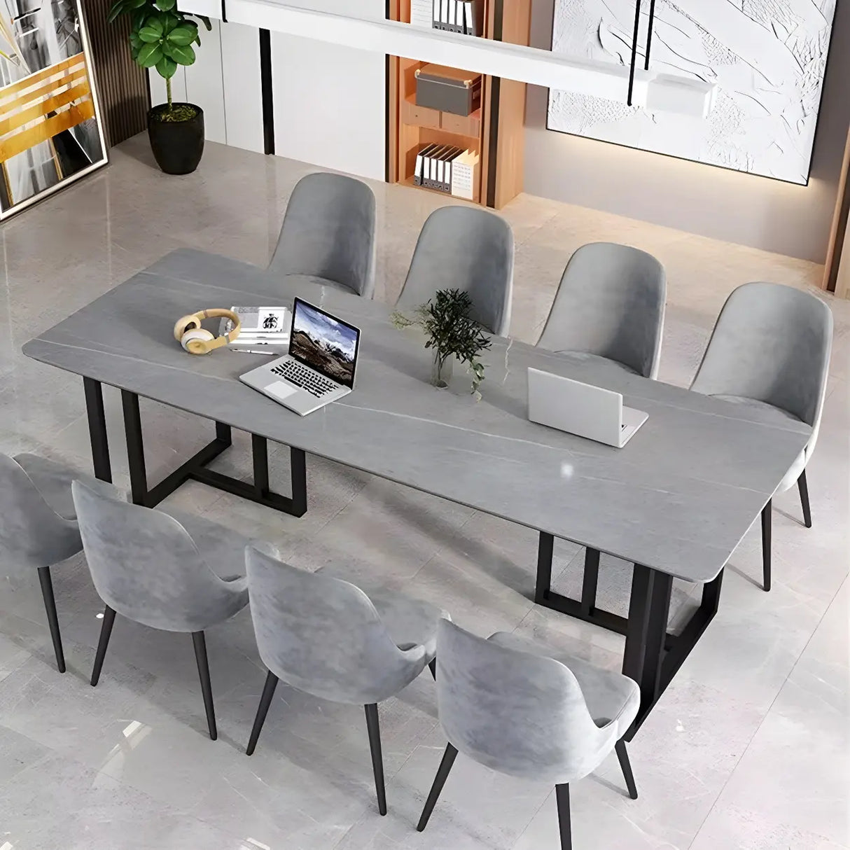 Modern Gray Stone Rectangle Sled 8 People Writing Desk Image - 2