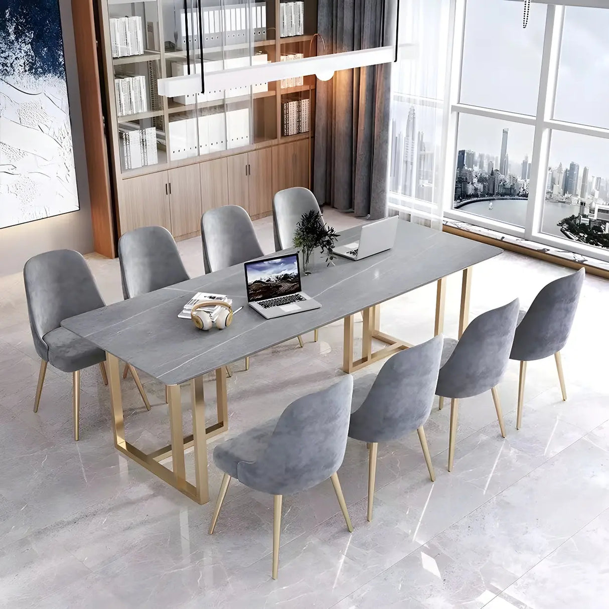 Modern Gray Stone Rectangle Sled 8 People Writing Desk Image - 4