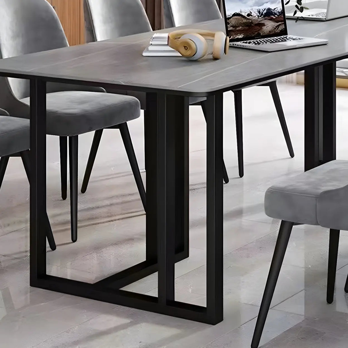 Modern Gray Stone Rectangle Sled 8 People Writing Desk Image - 7