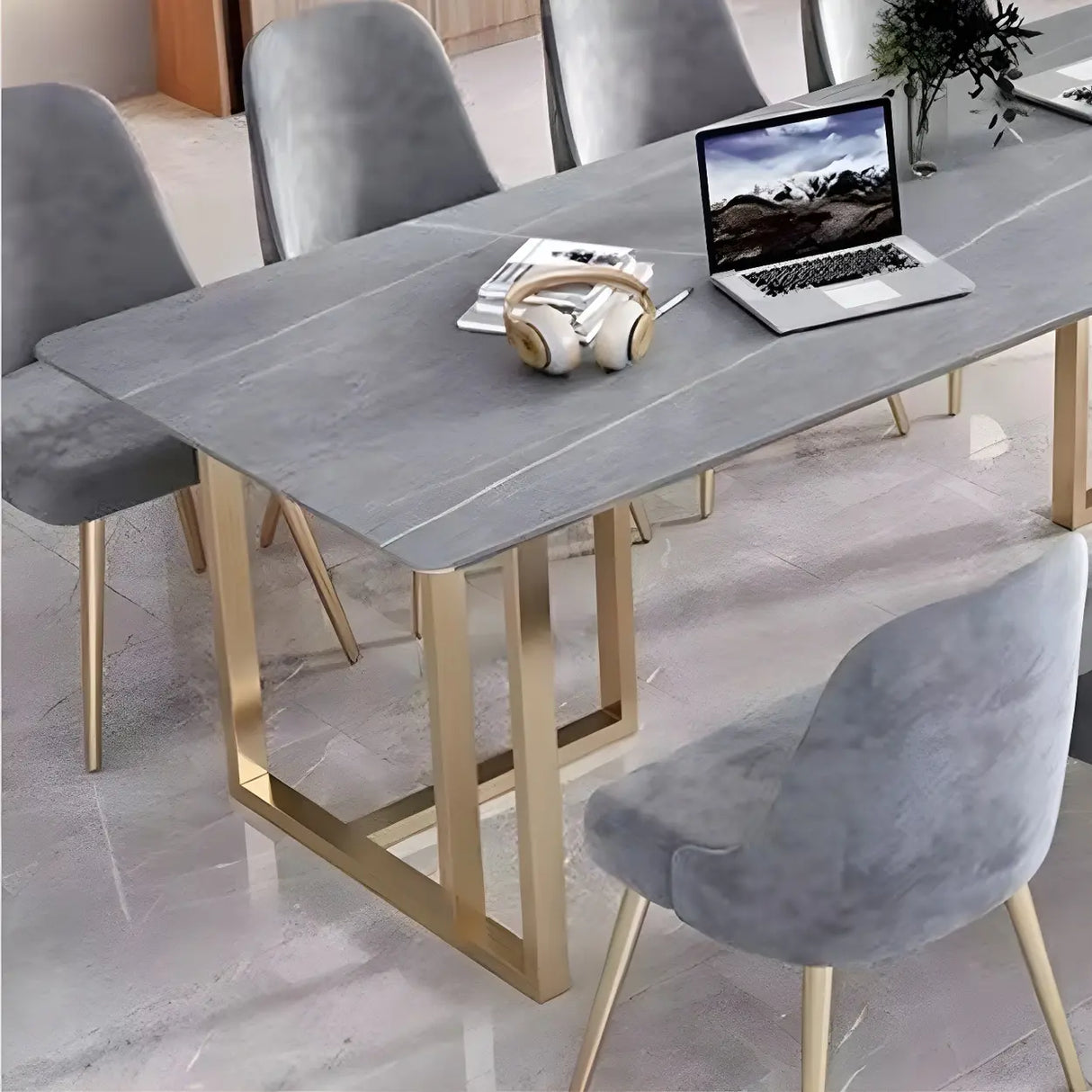 Modern Gray Stone Rectangle Sled 8 People Writing Desk Image - 8