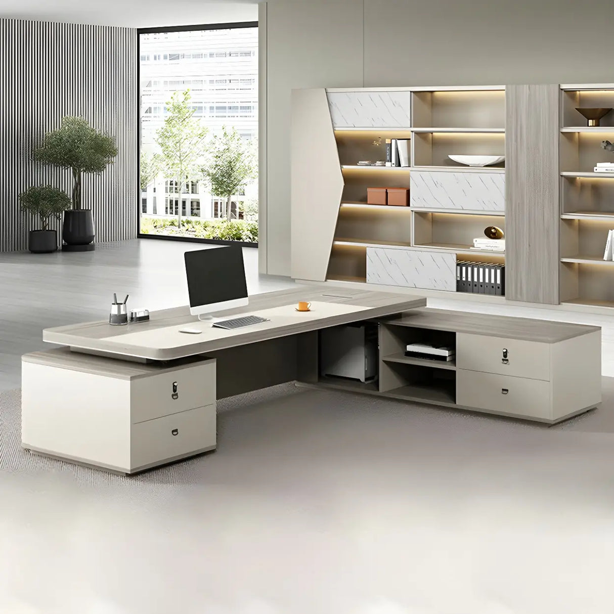 Modern Gray Wood Sled L-Shape Office Executive Desk Image - 10