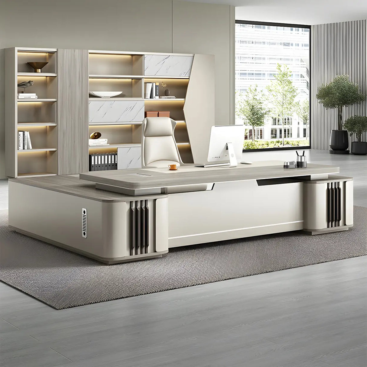 Modern Gray Wood Sled L-Shape Office Executive Desk Image - 2