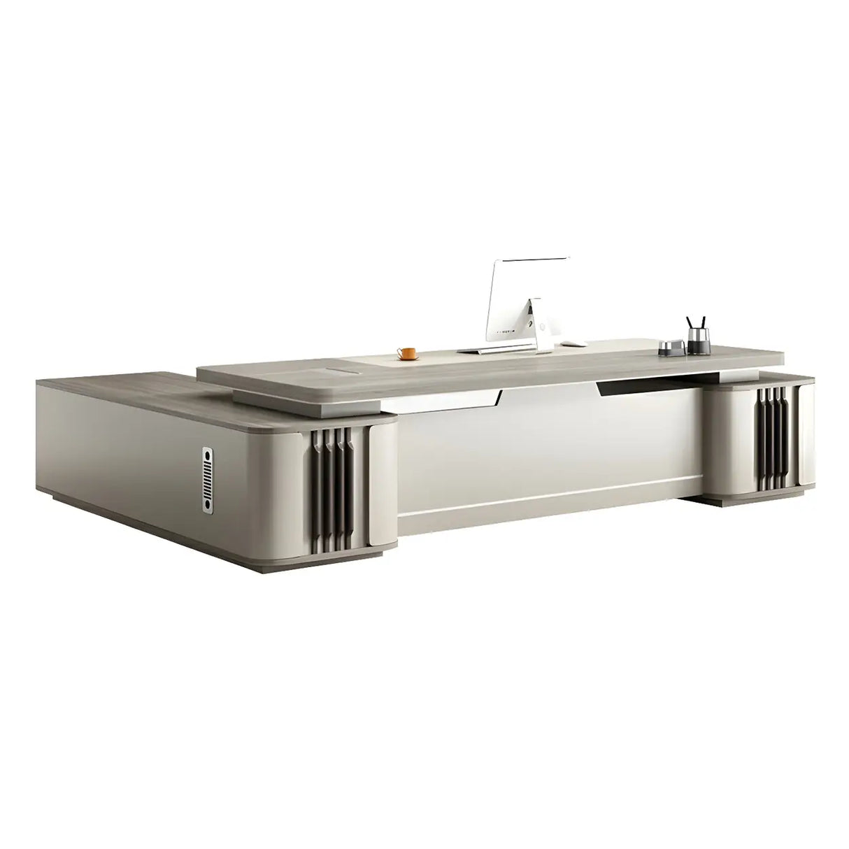 Modern Gray Wood Sled L-Shape Office Executive Desk Image - 5