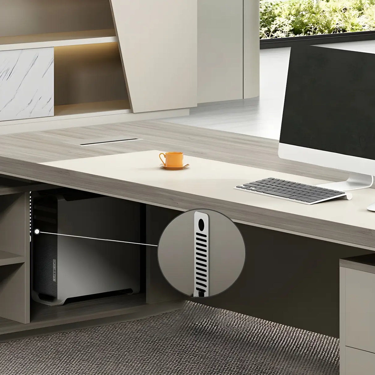 Modern Gray Wood Sled L-Shape Office Executive Desk Image - 7