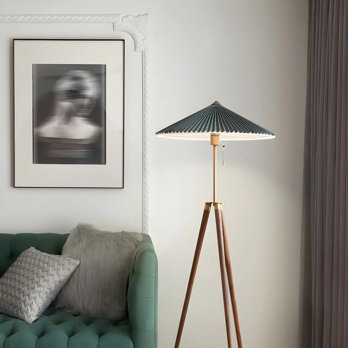 Modern Green Cone and Tripod Metal LED Floor Lamp Image - 11