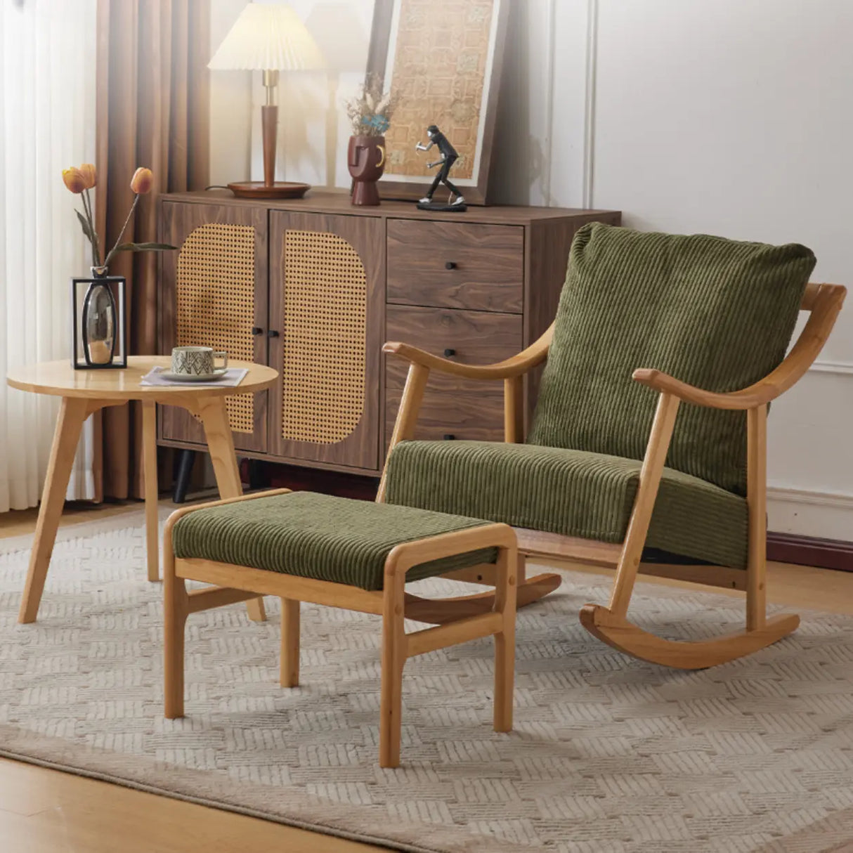 Modern Green Corduroy Wood Rocking Accent Chair With Arms Image - 1