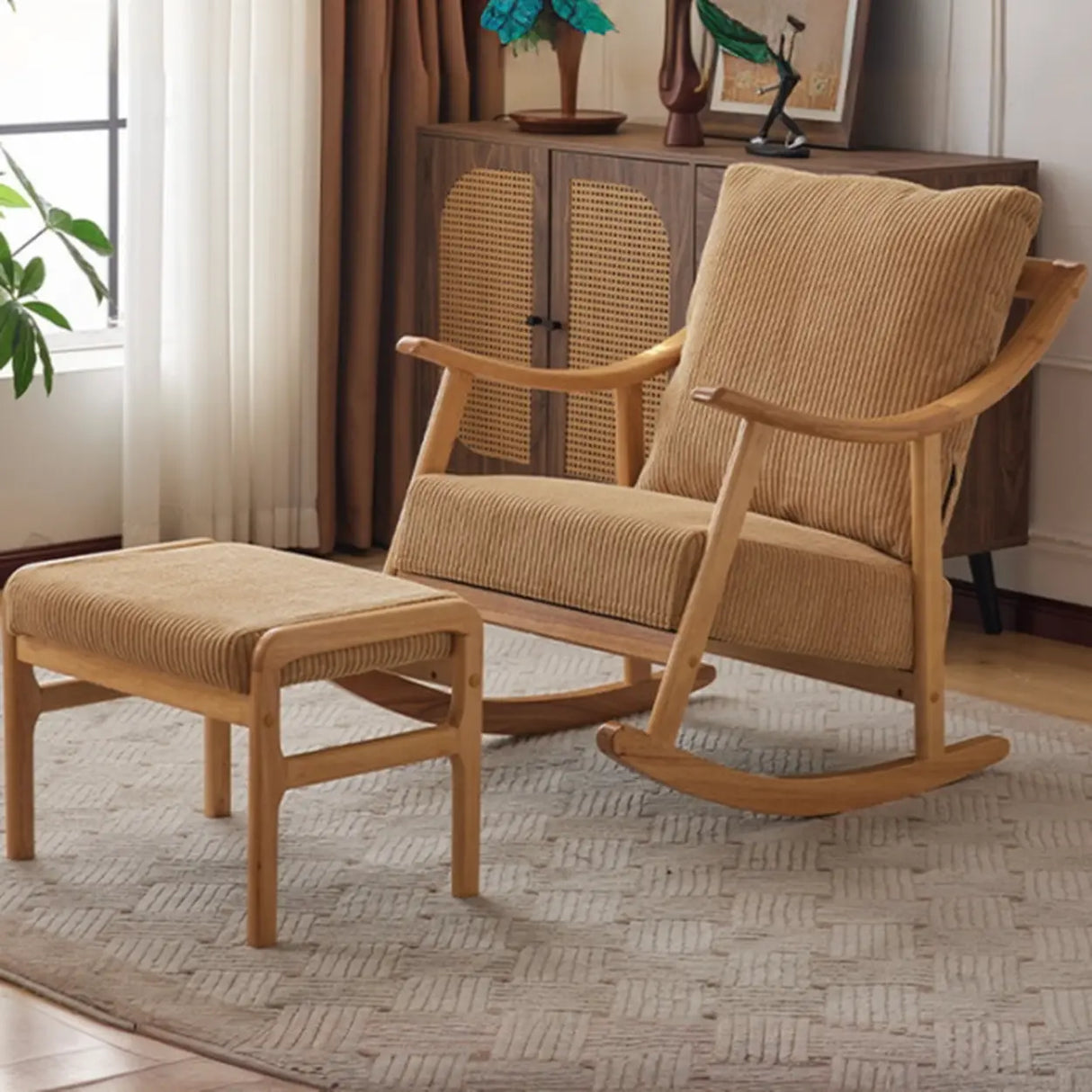 Modern Green Corduroy Wood Rocking Accent Chair With Arms Image - 2
