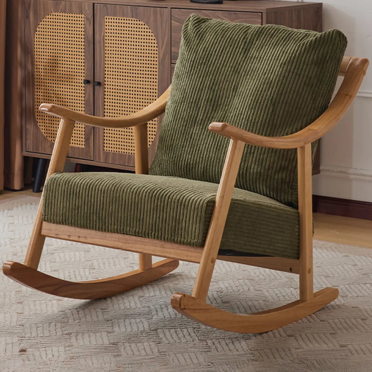 Modern Green Corduroy Wood Rocking Accent Chair With Arms Image - 3