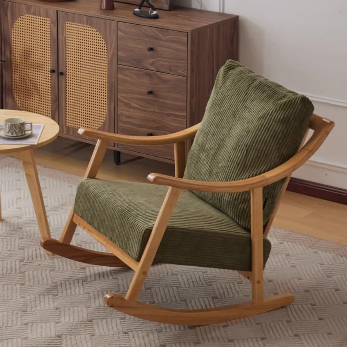 Modern Green Corduroy Wood Rocking Accent Chair With Arms Image - 4