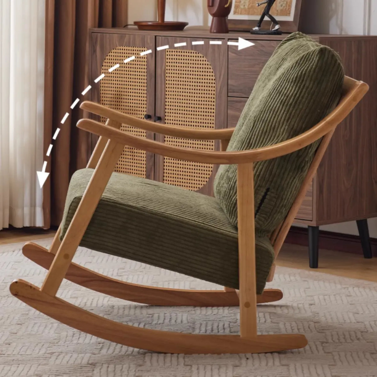 Modern Green Corduroy Wood Rocking Accent Chair With Arms Image - 5