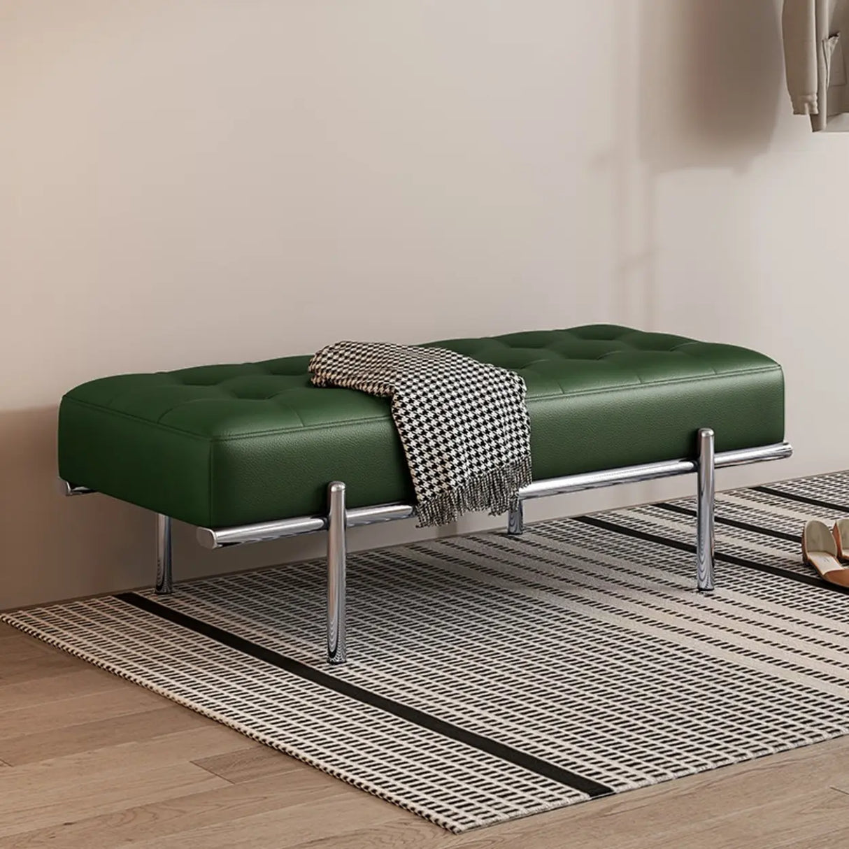 Modern Green Faux Leather Bench with Chrome Metal Legs Image - 1