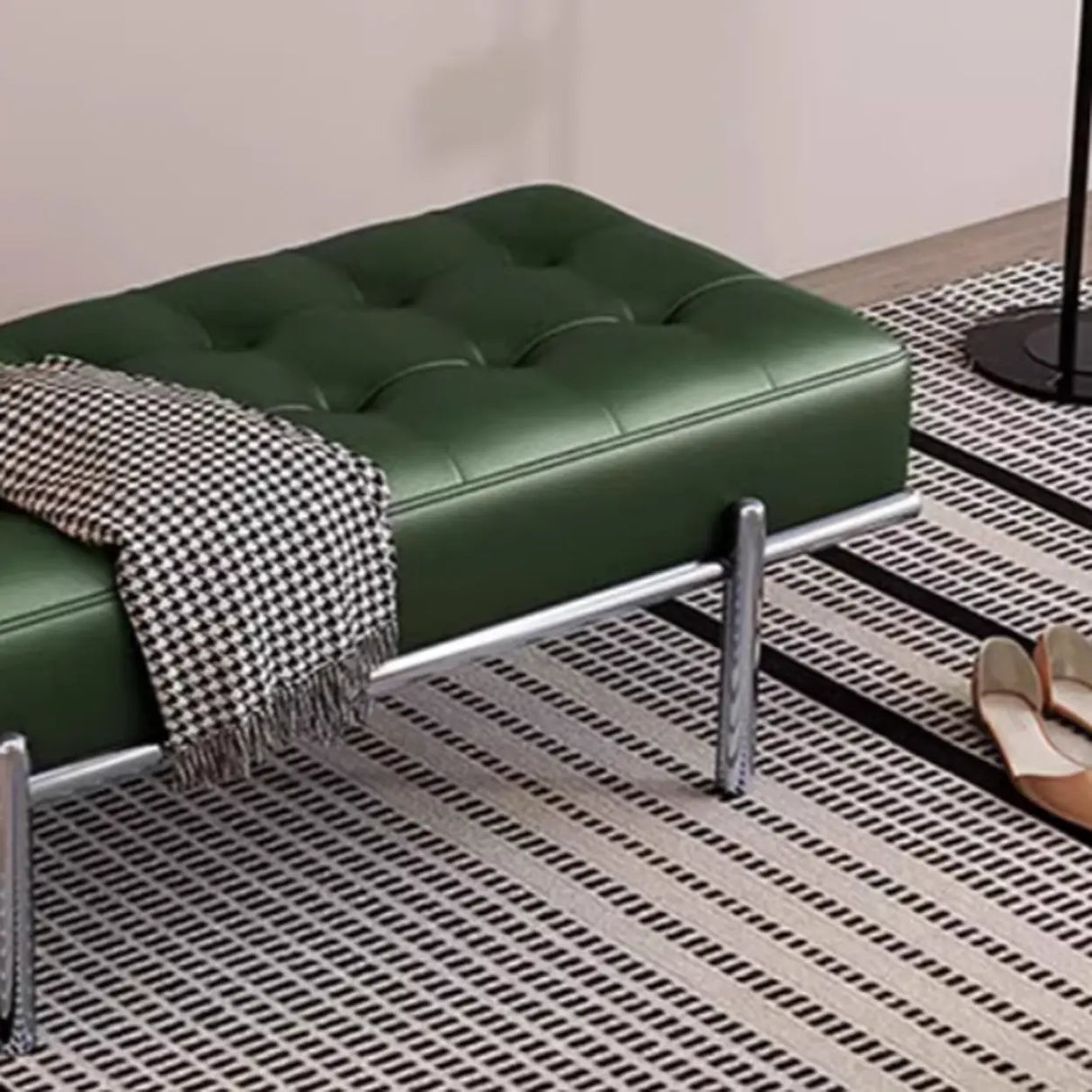 Modern Green Faux Leather Bench with Chrome Metal Legs Image - 6