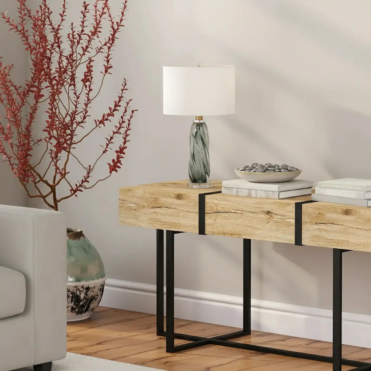 Modern Green Twisted Glass Cylindrical Fabric Shade Table Lamp Image - 1