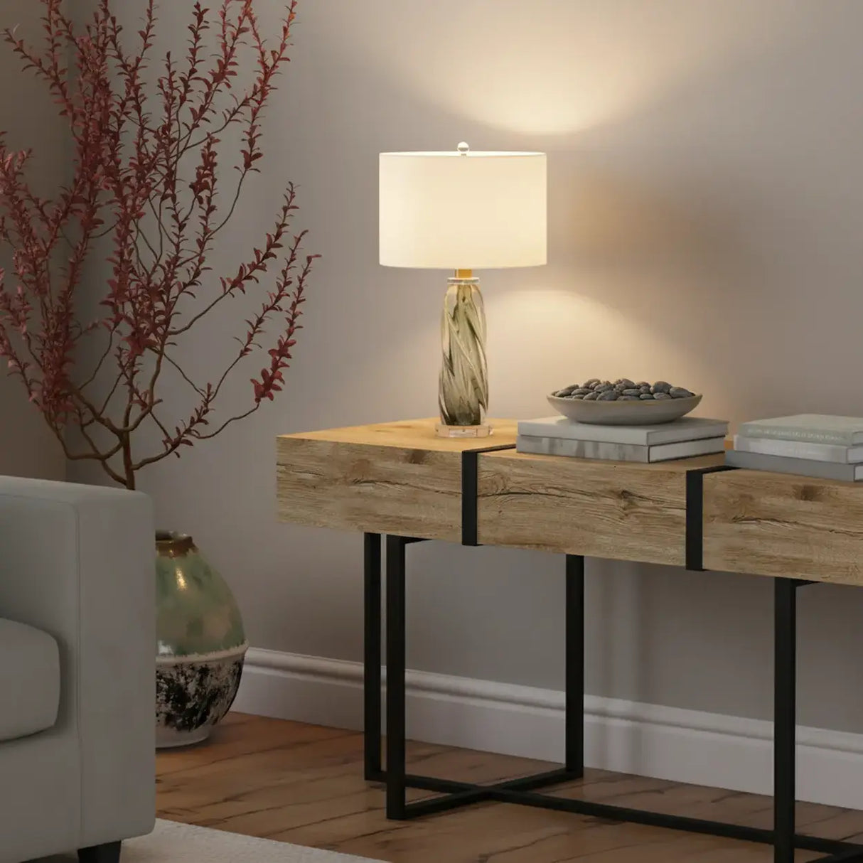 Modern Green Twisted Glass Cylindrical Fabric Shade Table Lamp Image - 2