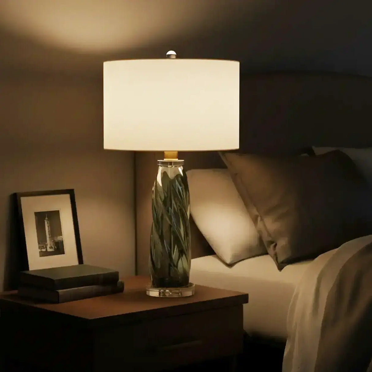 Modern Green Twisted Glass Cylindrical Fabric Shade Table Lamp Image - 4