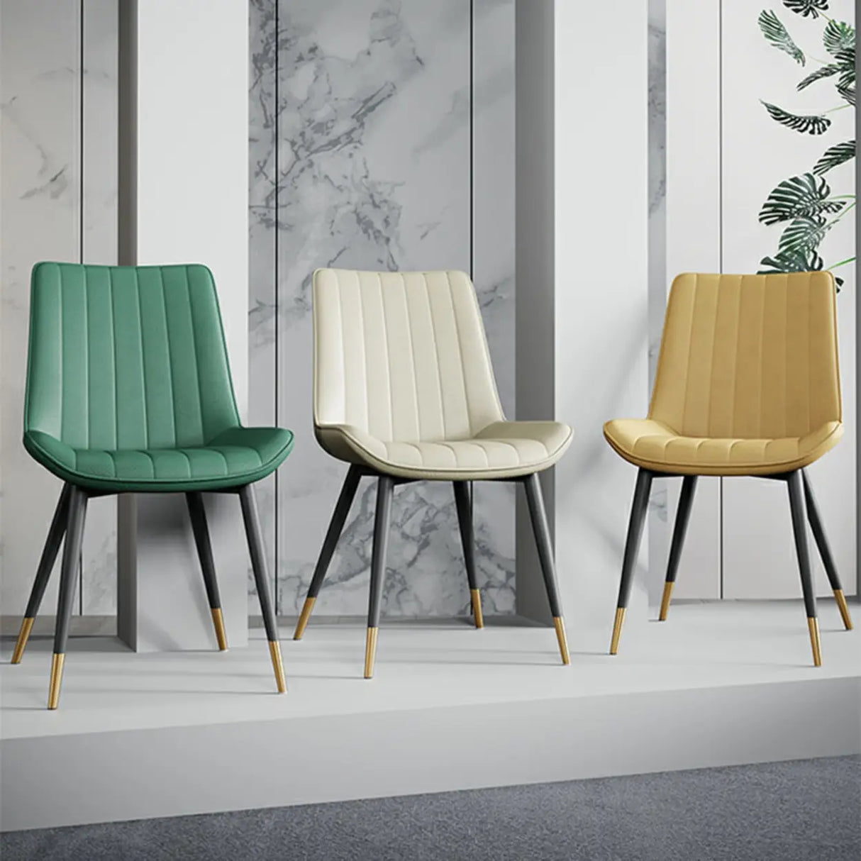 Modern Green Upholstered Leather Dining Chair with Metal Legs Image - 1