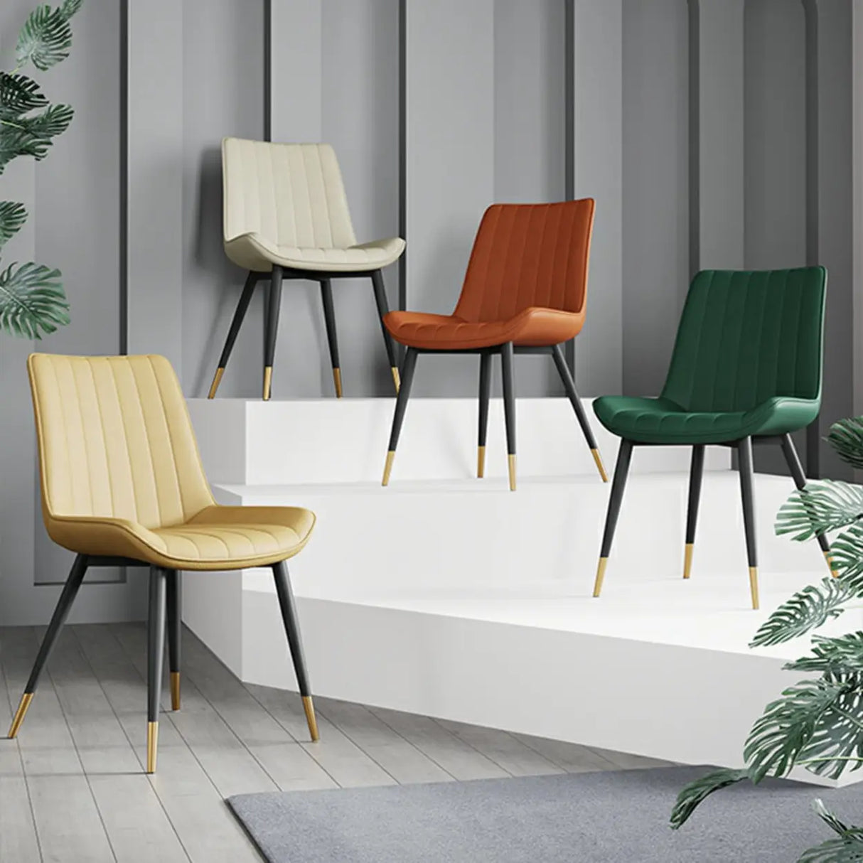 Modern Green Upholstered Leather Dining Chair with Metal Legs Image - 5