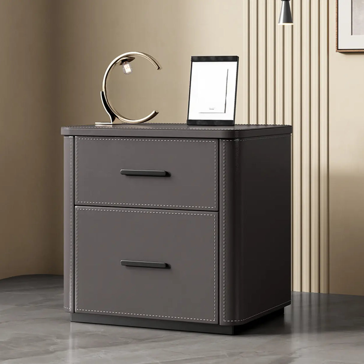 Modern Grey Narrow Wood Nightstand with 2 Drawers Image - 14