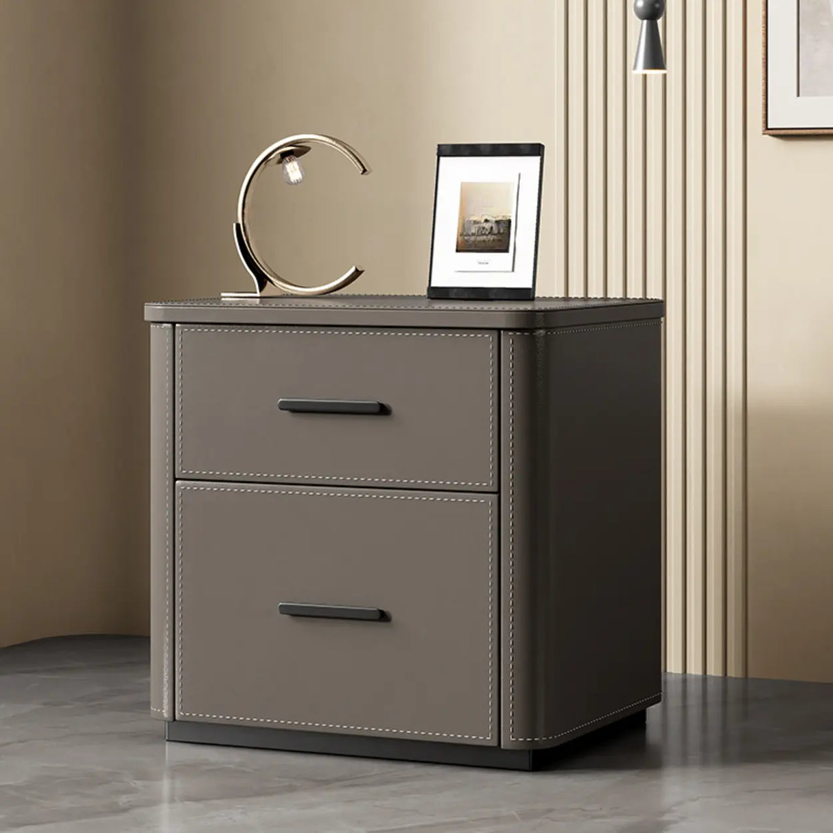 Modern Grey Narrow Wood Nightstand with 2 Drawers Image - 2