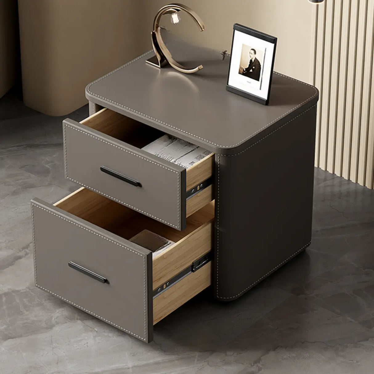 Modern Grey Narrow Wood Nightstand with 2 Drawers Image - 4