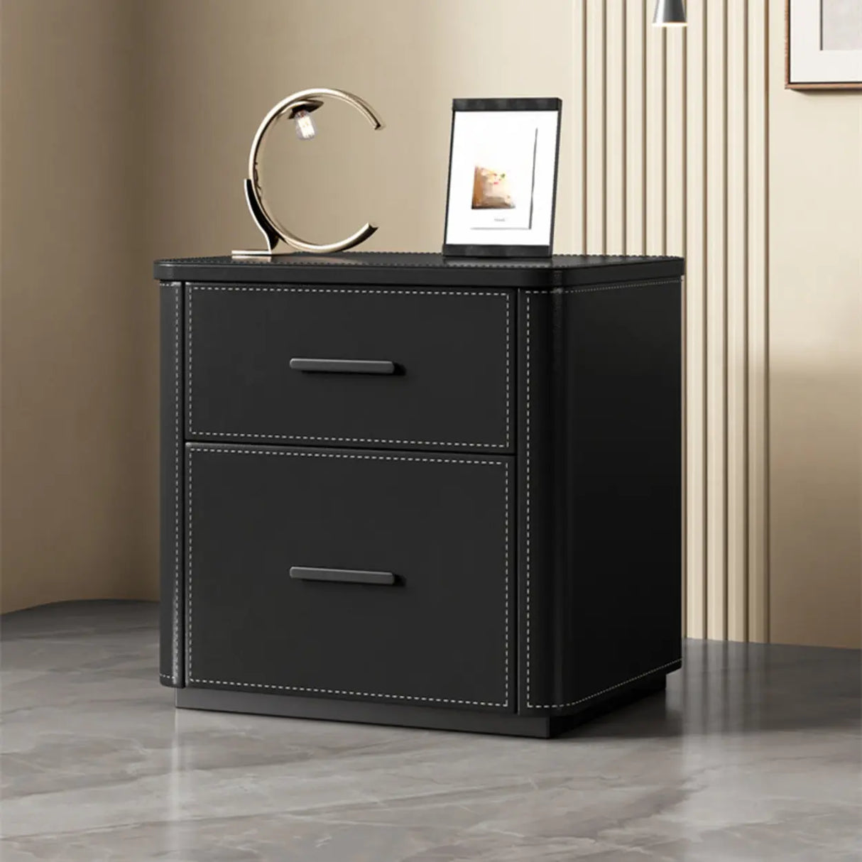 Modern Grey Narrow Wood Nightstand with 2 Drawers Image - 7
