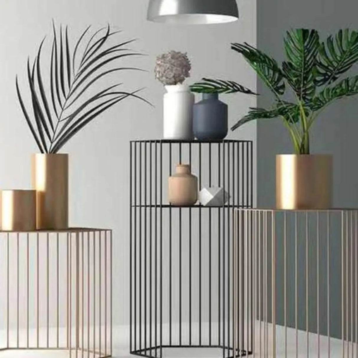 Modern Hexagonal Metal Black Plant Stand with Shelves Image - 1