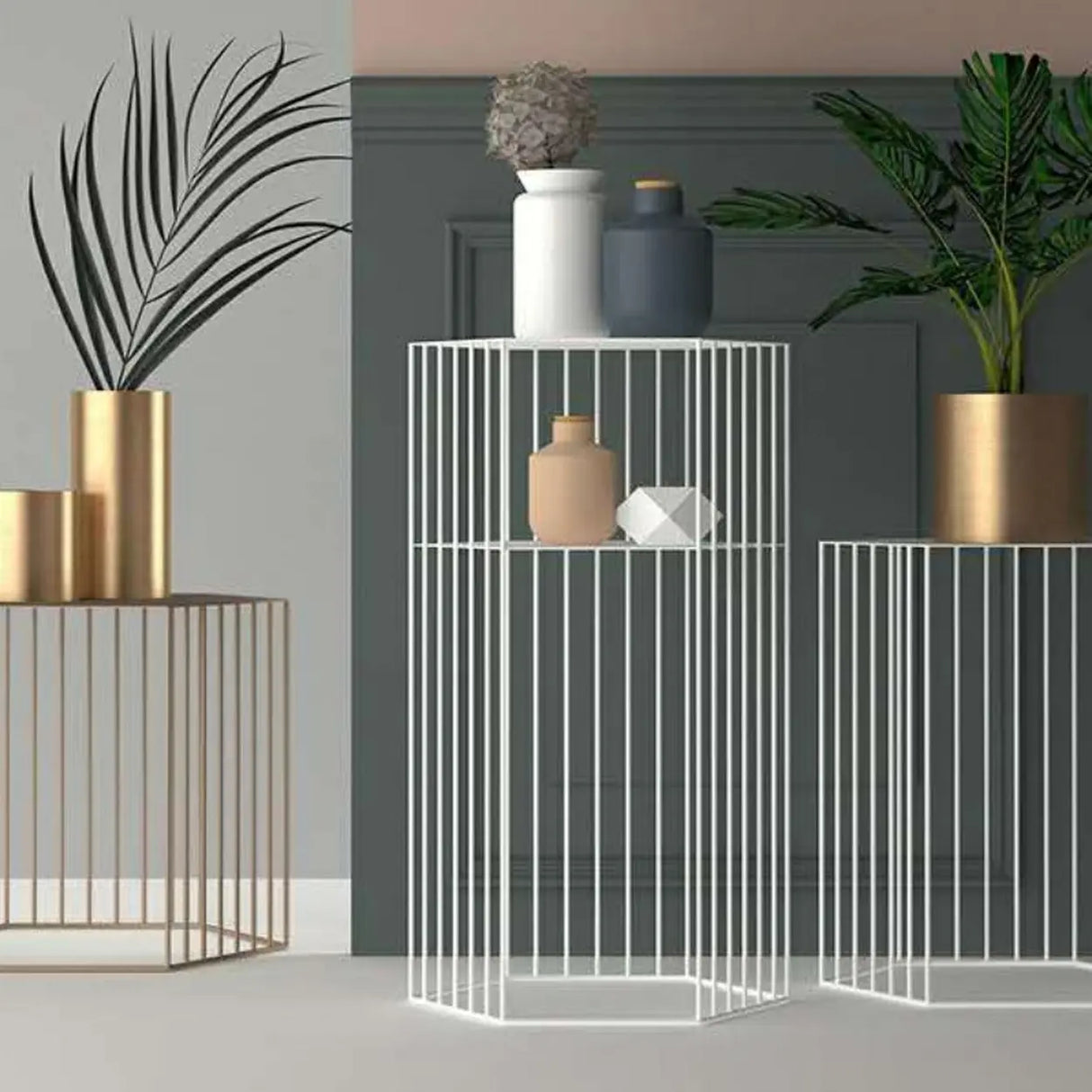 Modern Hexagonal Metal Black Plant Stand with Shelves Image - 15