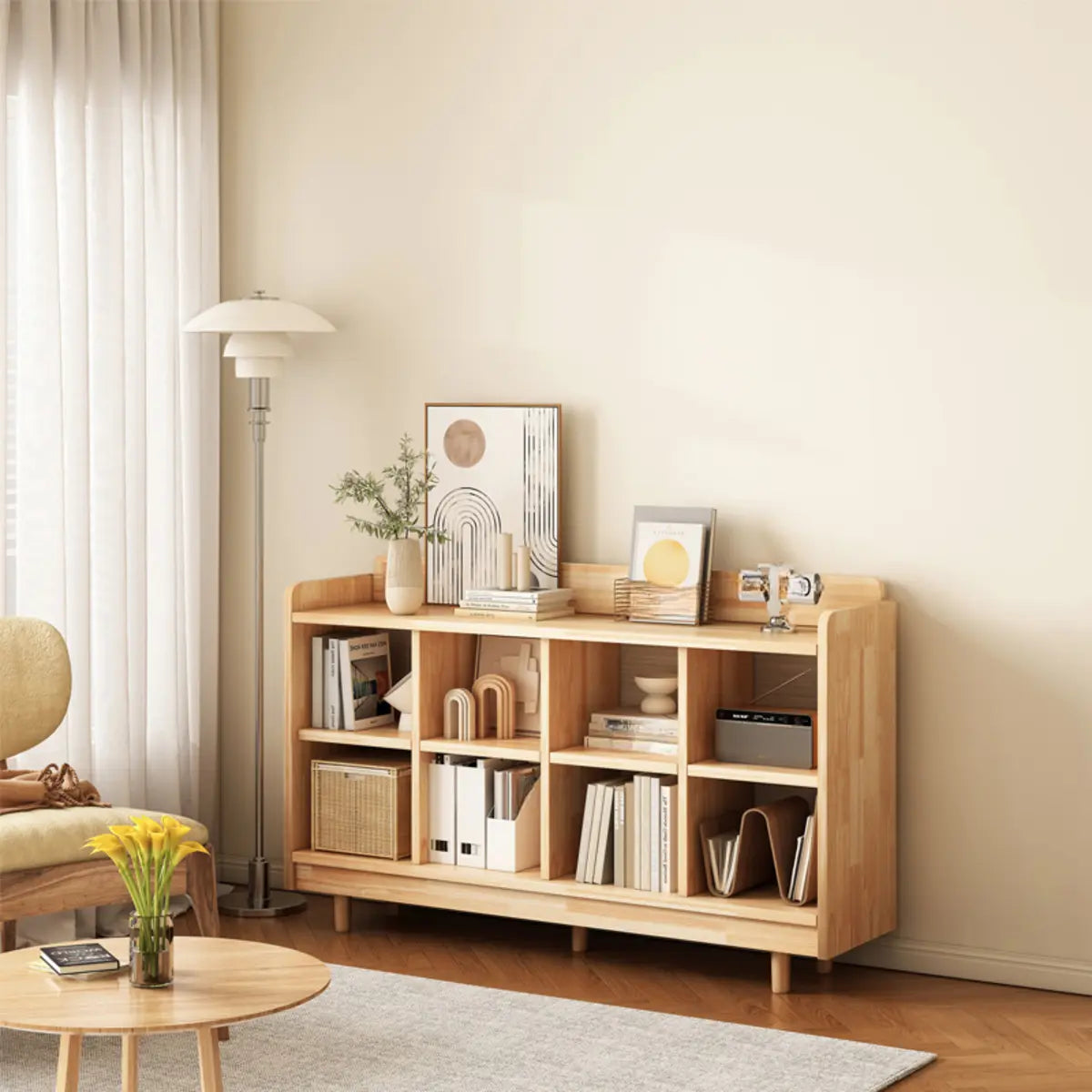 Modern Horizontal Pine Natural Shelf Storage Bookcase Image - 1