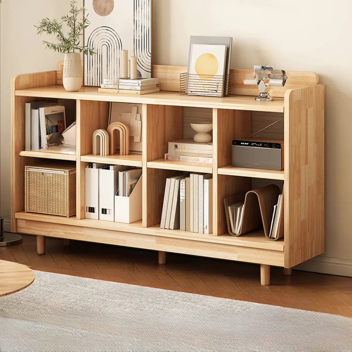 Modern Horizontal Pine Natural Shelf Storage Bookcase Image - 11