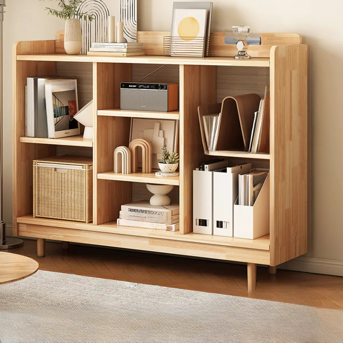 Modern Horizontal Pine Natural Shelf Storage Bookcase Image - 15
