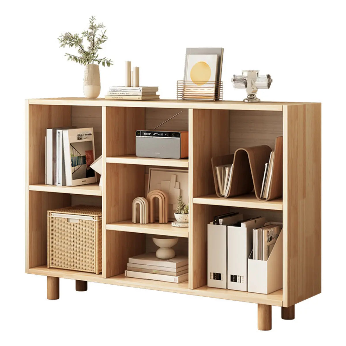 Modern Horizontal Pine Natural Shelf Storage Bookcase Image - 3