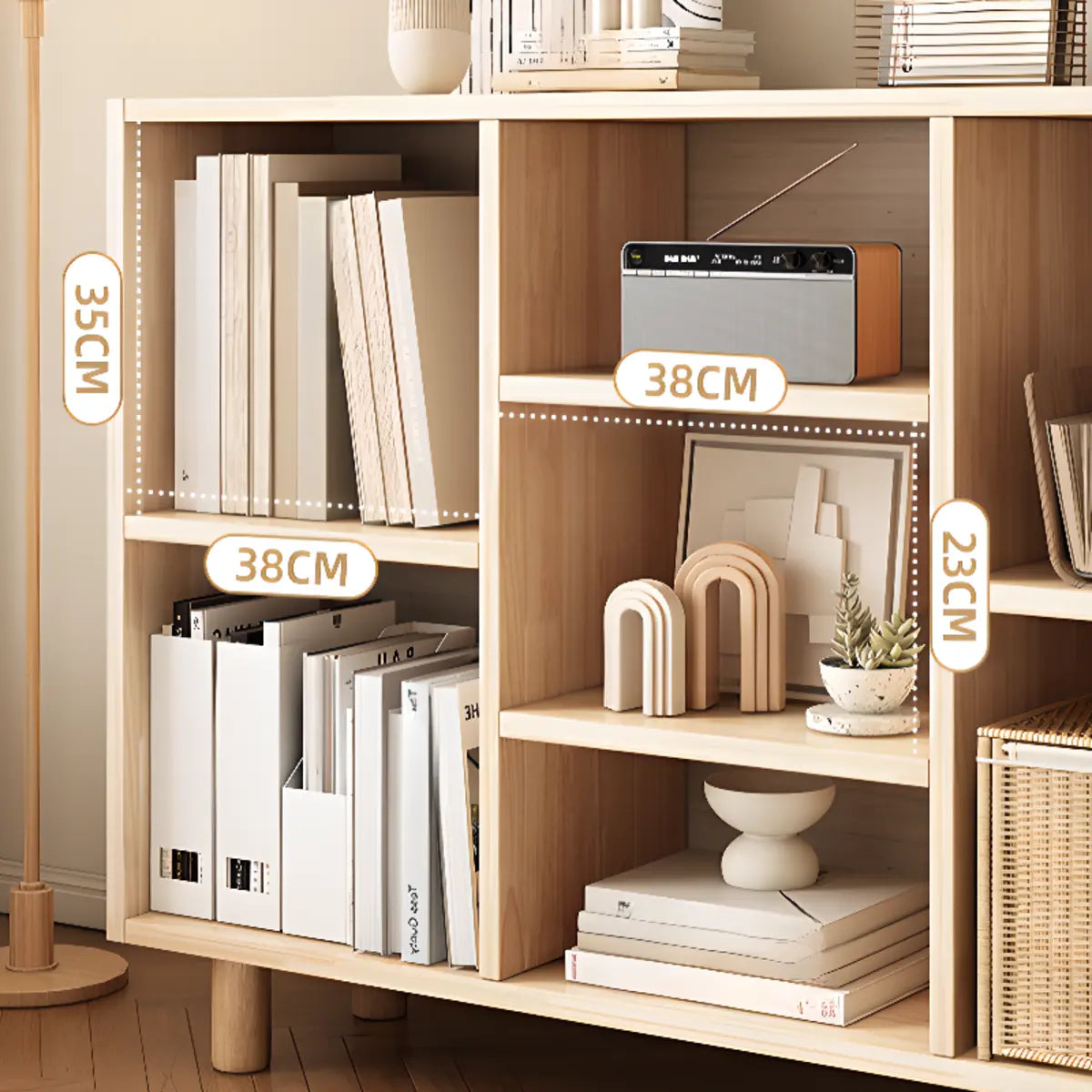 Modern Horizontal Pine Natural Shelf Storage Bookcase Image - 7