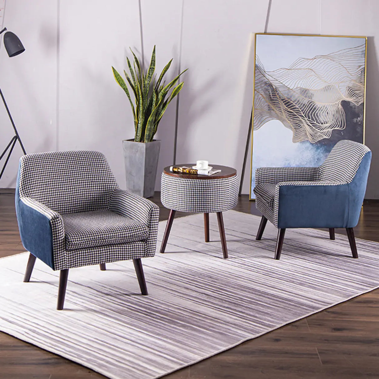 Modern Houndstooth Fabric Living Room Blue Arm Accent Chair Image - 1