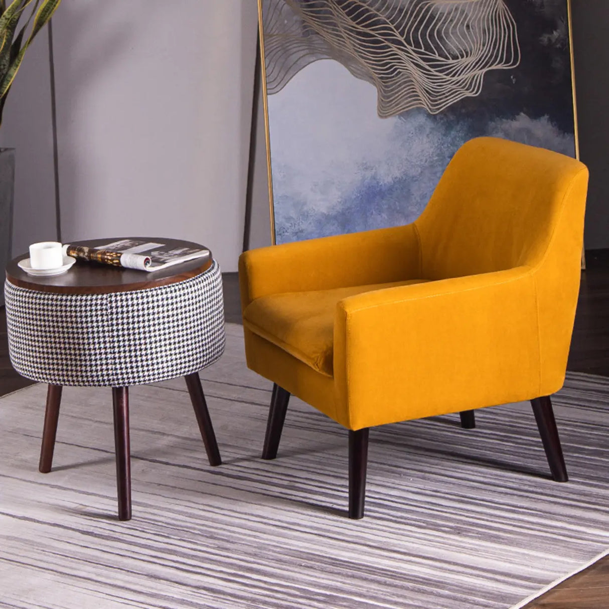 Modern Houndstooth Fabric Living Room Blue Arm Accent Chair Image - 10