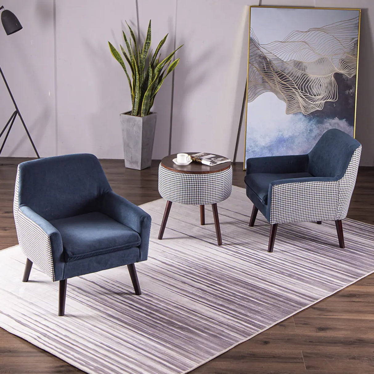 Modern Houndstooth Fabric Living Room Blue Arm Accent Chair Image - 2