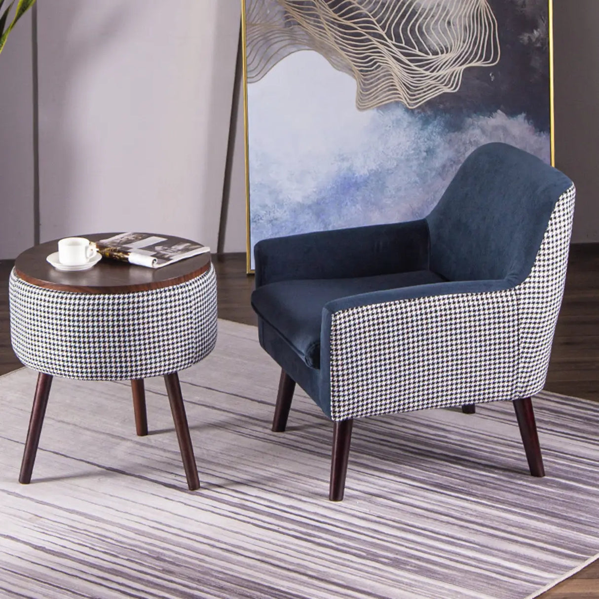Modern Houndstooth Fabric Living Room Blue Arm Accent Chair Image - 4