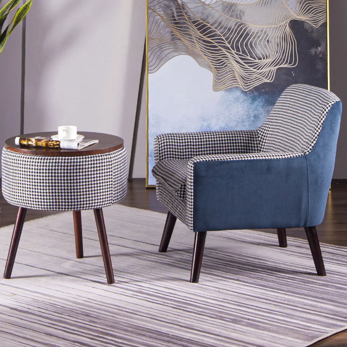 Modern Houndstooth Fabric Living Room Blue Arm Accent Chair Image - 9