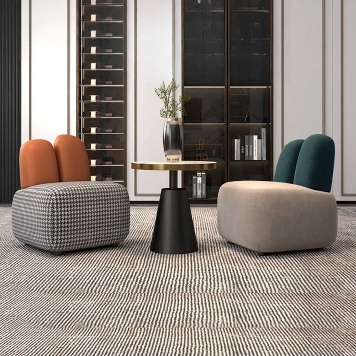 Modern Houndstooth Grey Ergonomic Rabbit Ear Accent Chair Image - 8